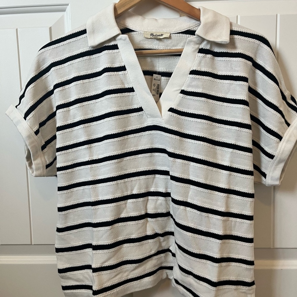 Madewell Striped Black and White Polo Shirt